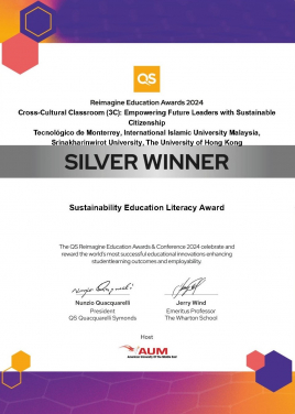 Certificate of the Global Silver Award for the Sustainability Education Literacy in QS Reimagine Education Awards 2024 (Photo credit: Dr Tim Yung)
 